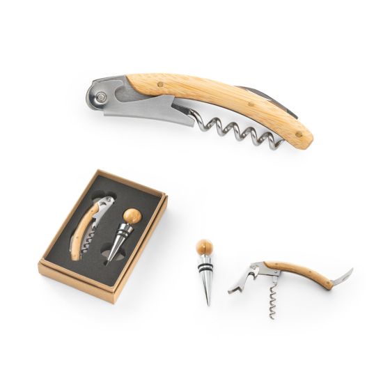 Conjunto de vinho com dois componentes em metal e bambu