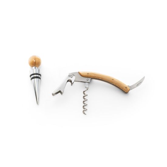 Conjunto de vinho com dois componentes em metal e bambu