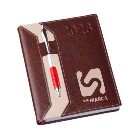Agenda 2026 Clássica com Suporte para Caneta Marrom