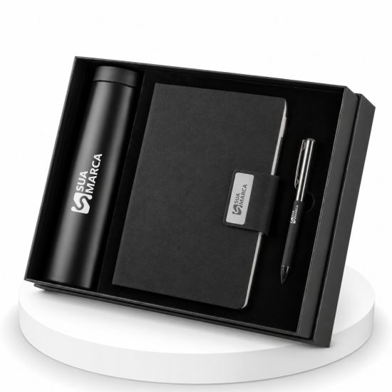 Kit Master Executivo Caderno, Caneta Metalica e Garrafa Térmica