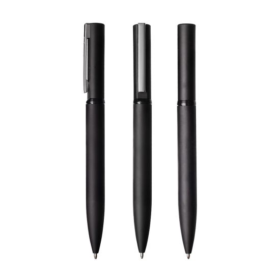 Caneta esferográfica de metal, com escrita azul + estojo de papelão