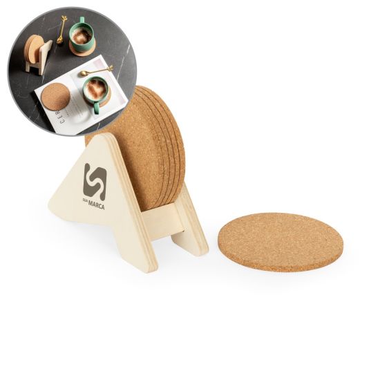 Porta Copos em Madeira com 6 Bases Polycork