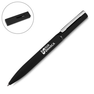 Caneta esferográfica de metal, com escrita azul + estojo de papelão